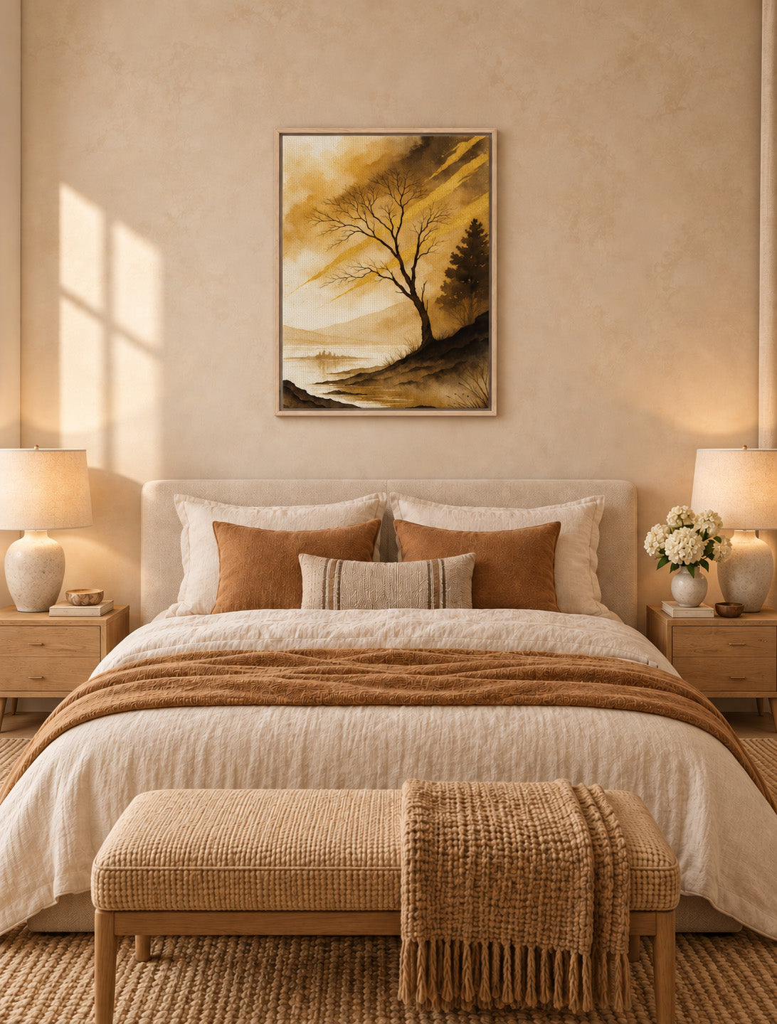 Warm mountain landscape artwork with a lone tree displayed above a neutral bed