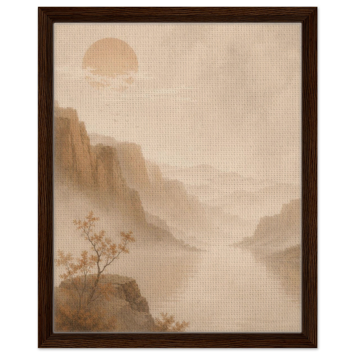 Warm mountain landscape with soft mist and muted sun in a dark wood frame
