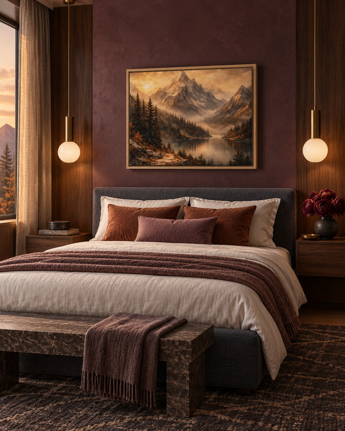 Warm mountain landscape artwork displayed above bed in a modern rustic bedroom