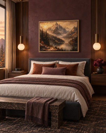 Warm mountain landscape artwork displayed above bed in a modern rustic bedroom