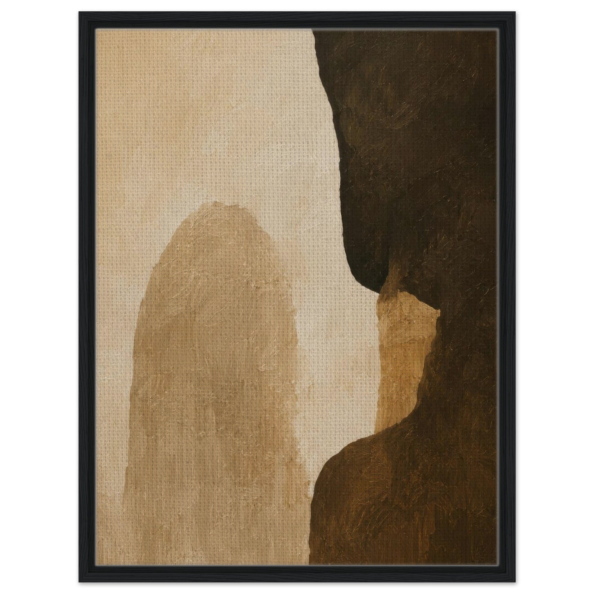 Warm neutral abstract print with bold dark shapes in a modern black frame