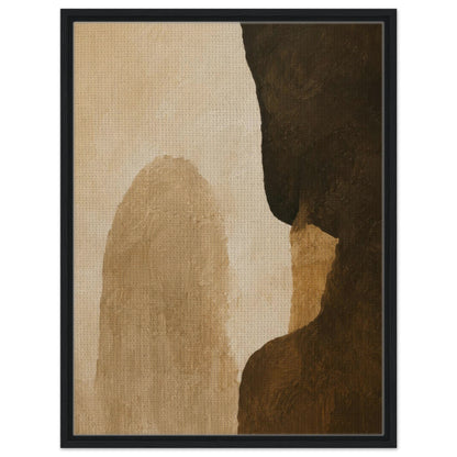 Warm neutral abstract print with bold dark shapes in a modern black frame