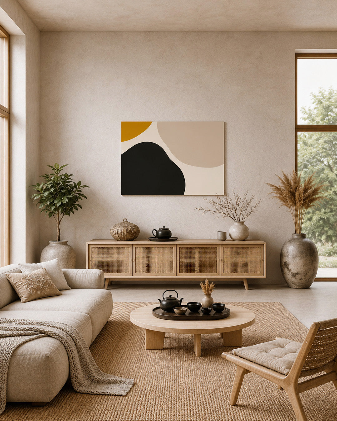 Beige abstract wall decor print in contemporary minimalist living room