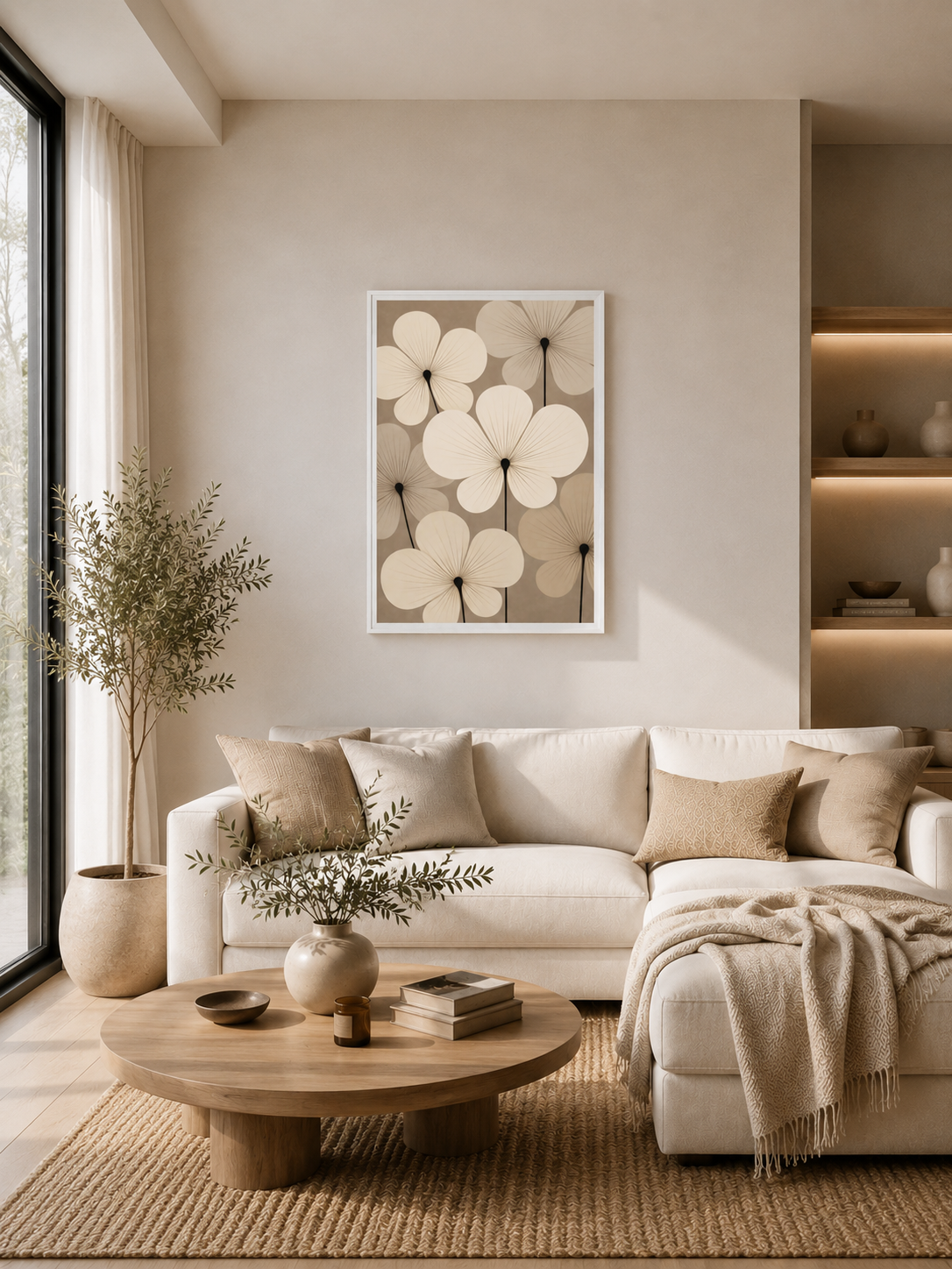 Cozy Scandinavian living room with wooden framed floral wall art, textured decor and natural tones.