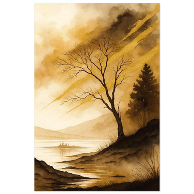Whispering Lake minimalist autumn landscape wall art poster with a bare golden tree above a still lake