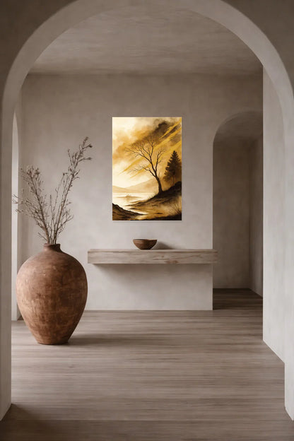 Whispering Lake poster in a hallway with an arched opening and a ceramic vase