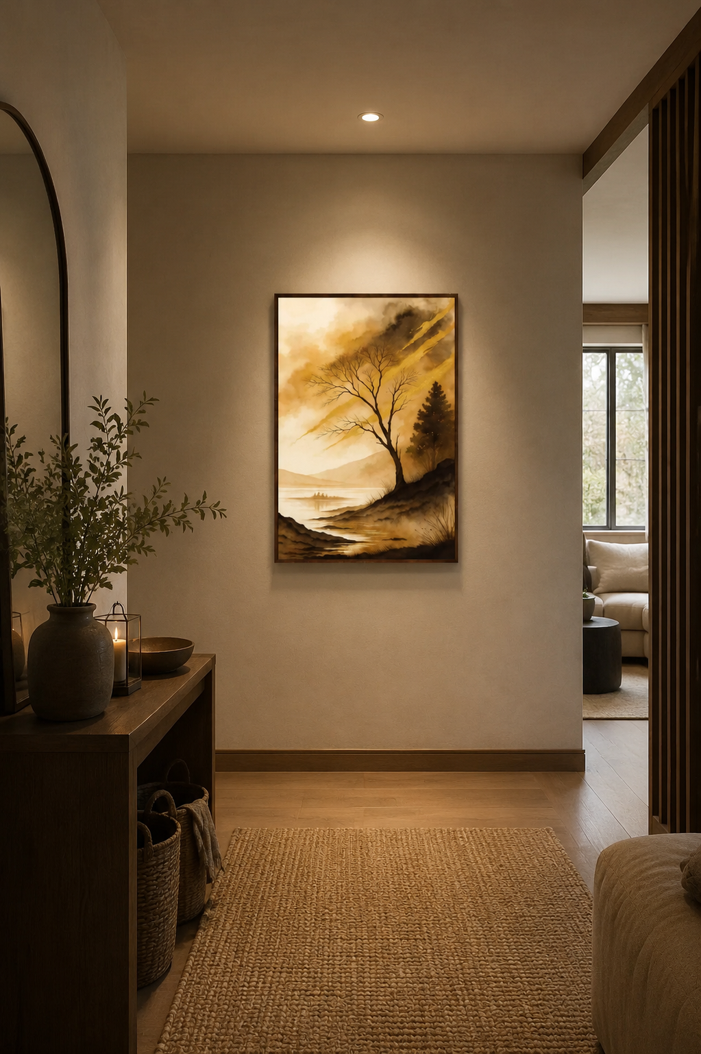Whispering Lake landscape wall art with black frame displayed in a modern minimalist entryway with warm ambient lighting