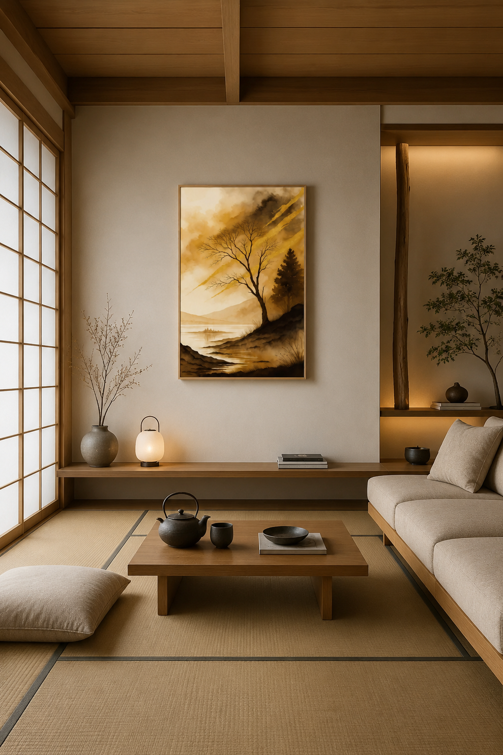 Whispering Lake landscape wall art with natural wood frame displayed in a Japandi style room with tatami flooring and warm wood details
