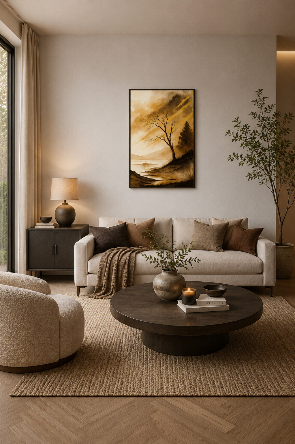 Whispering Lake landscape wall art with black frame displayed in a warm contemporary lounge room with neutral furniture and dark wood accents