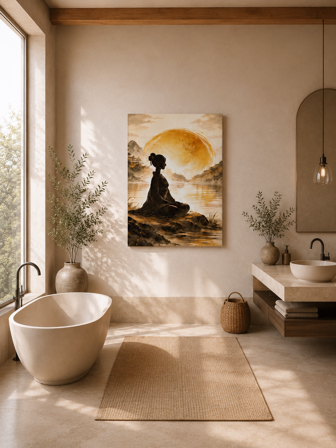 Meditation wall art canvas in a bright modern spa bathroom with freestanding bathtub, beige stone walls and warm minimalist decor.