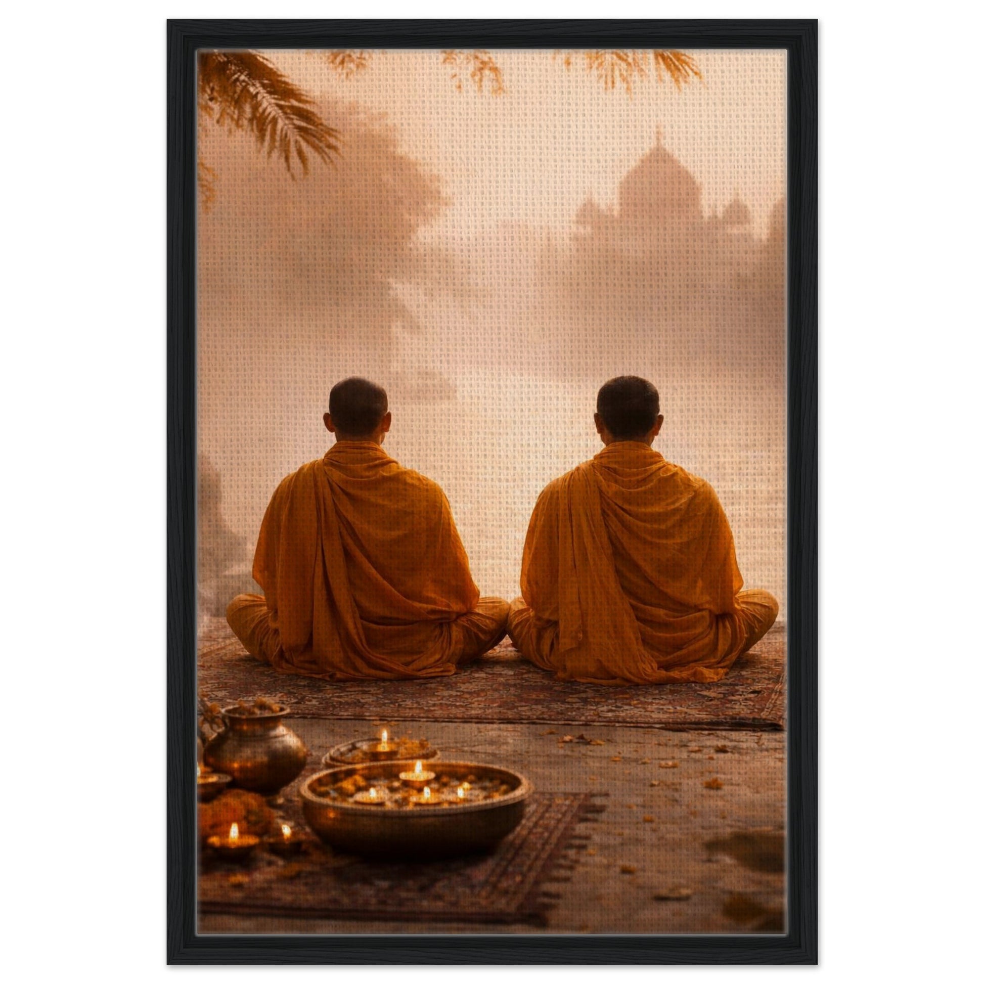 Zen inspired framed wall art with two Buddhist monks in meditation