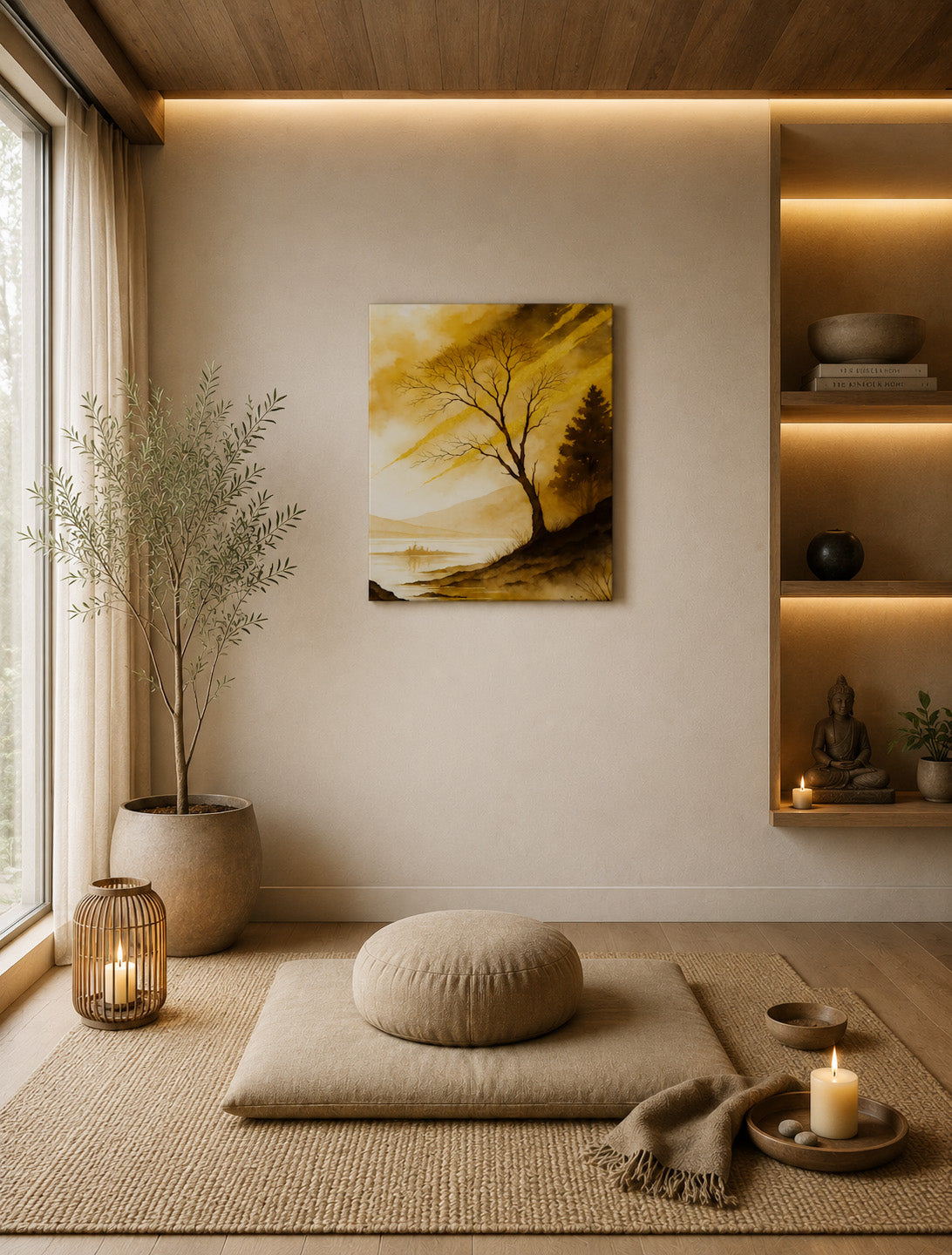 Peaceful home meditation corner with golden landscape canvas wall art and natural decor elements
