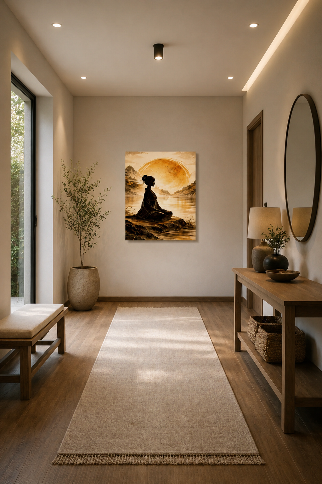 Meditation canvas wall art displayed in a modern Japandi hallway with wooden console table, neutral decor and soft natural light.