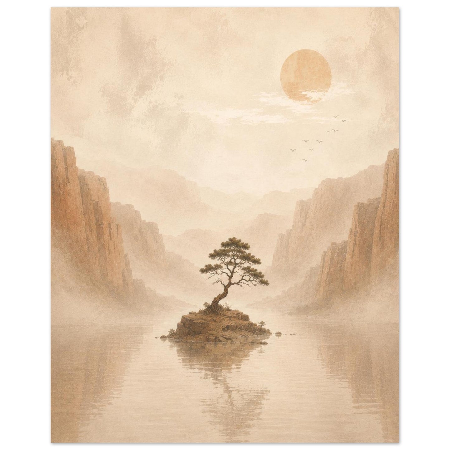 Zen-inspired Japanese poster with soft earth tones, misty mountains and a lone bonsai-style tree.