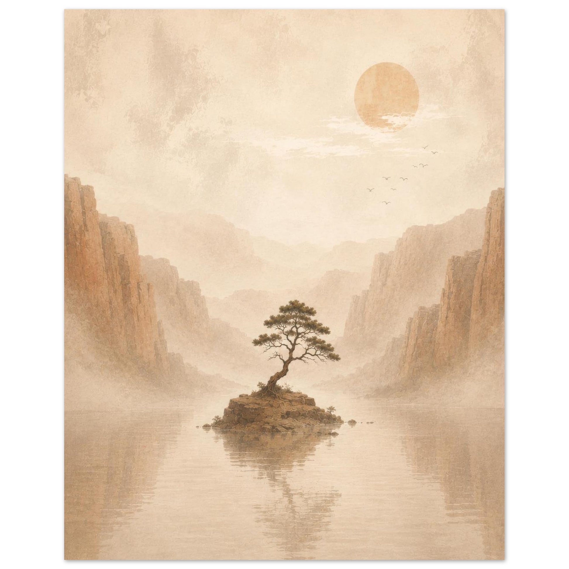 Zen-inspired Japanese poster with soft earth tones, misty mountains and a lone bonsai-style tree.