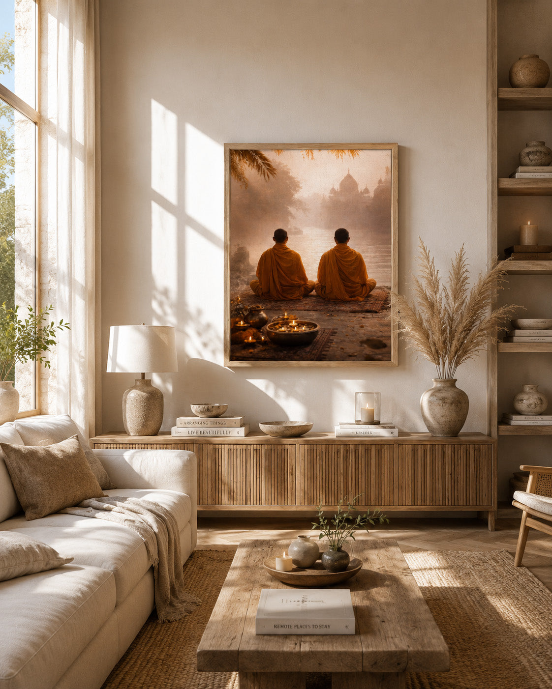 Zen meditation monks canvas displayed in a bright modern living room
