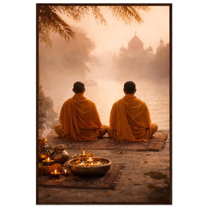 India Sacred Silence world inspired framed wall art with two monks by a river and a temple in morning mist, in a wooden frame