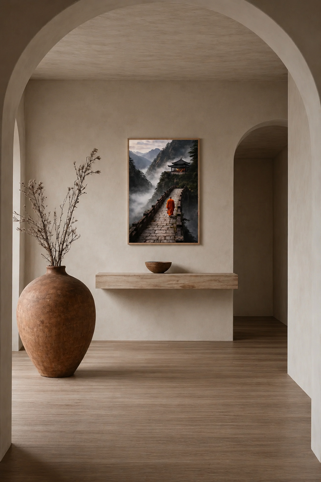 Light wood framed meditation poster featuring a monk walking along a mountain path displayed in a minimalist Zen meditation room with neutral decor and natural textures.
