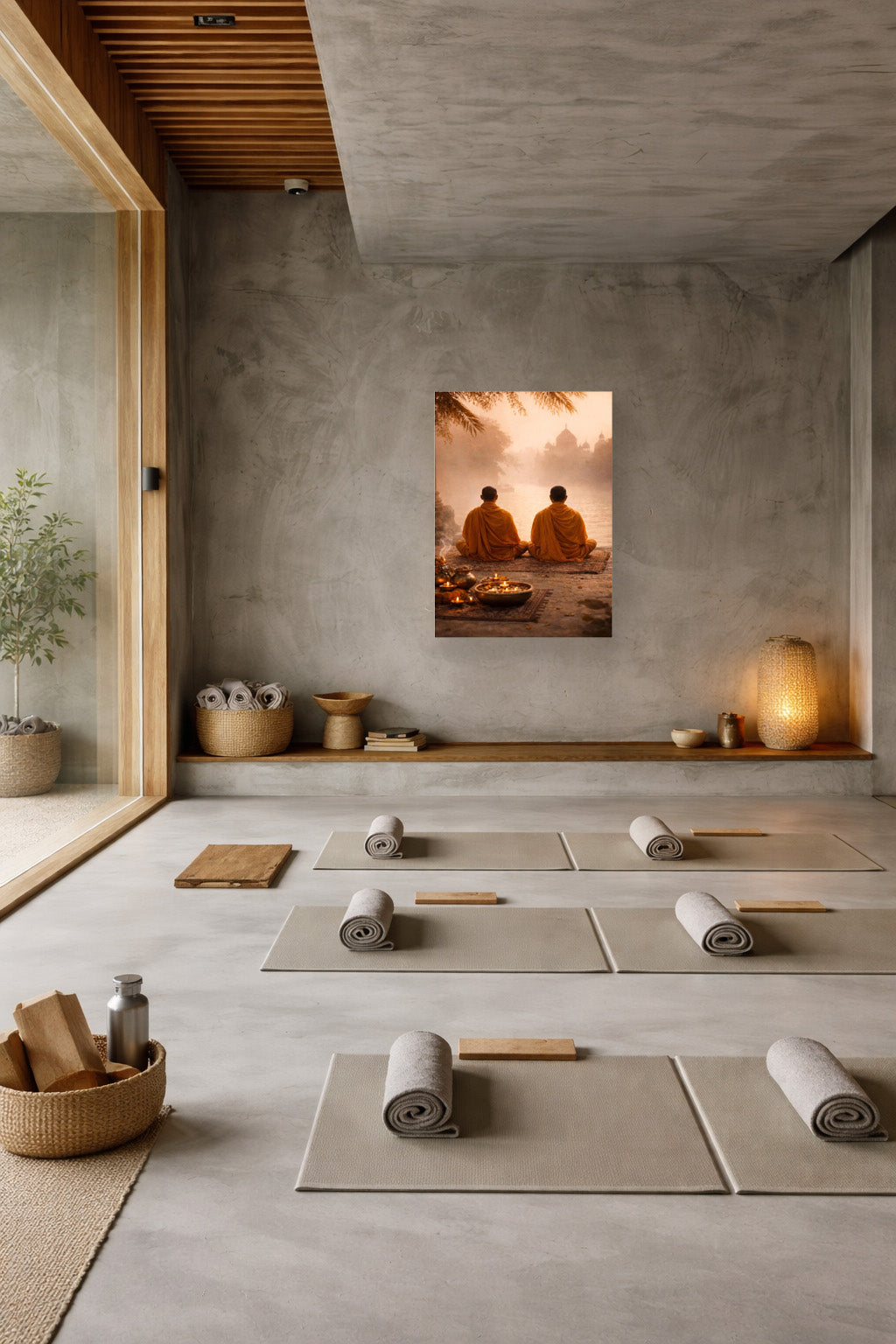 Minimalist zen meditation room interior with floor cushions and monk meditation poster on the wall in calm neutral decor.