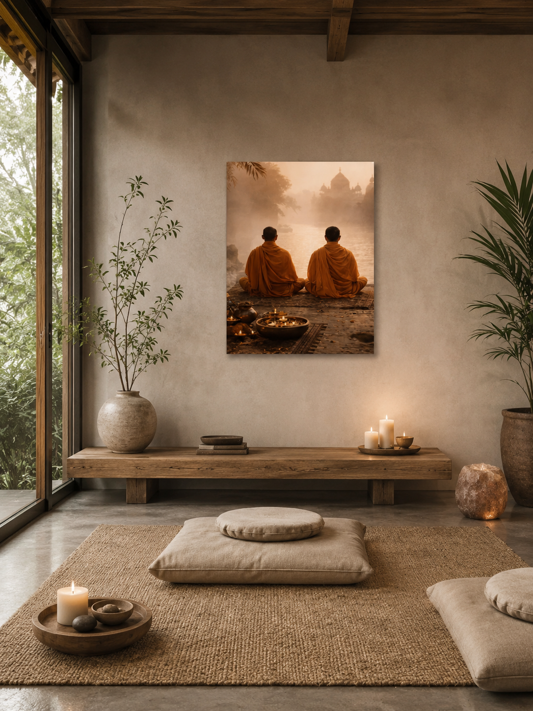 Minimalist meditation room with floor cushions and monks canvas wall art in a calm zen interior