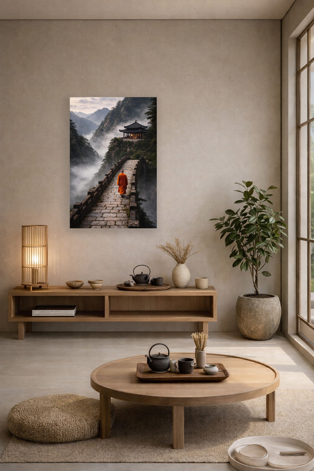 Minimal zen meditation room with floor cushions and mountain temple wall art poster in light wood frame.