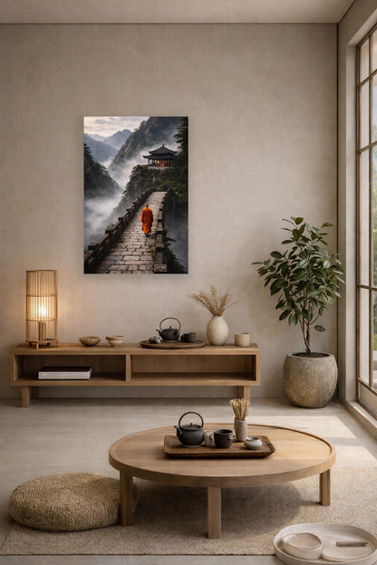 Minimal zen meditation room with floor cushions and mountain temple wall art poster in light wood frame.