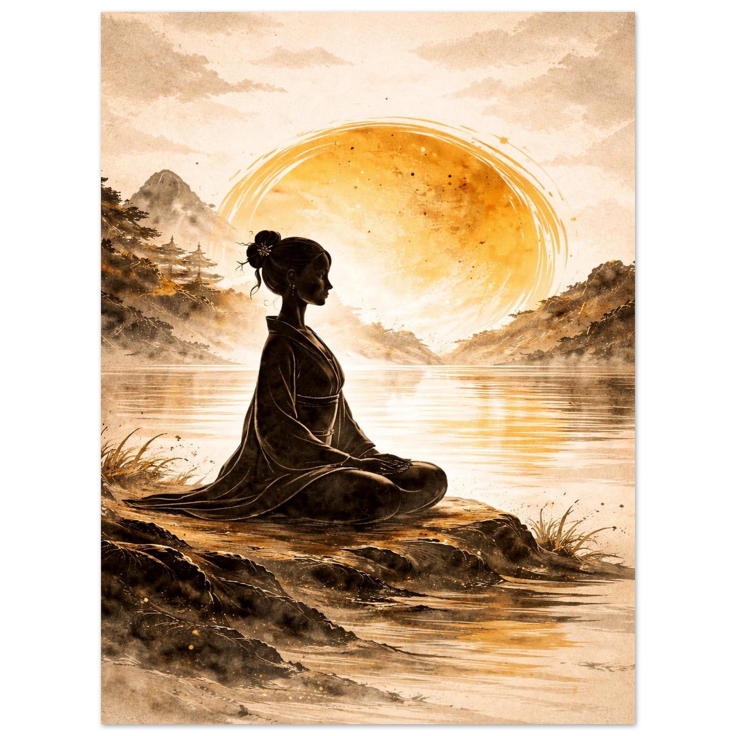 Zen meditation wall art poster with calm silhouette and warm neutral tones, minimalist aesthetic decor