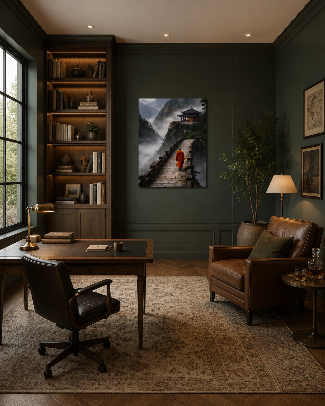 Zen monk canvas wall art displayed in a modern dark green home office with wooden bookshelf, leather chair and warm ambient lighting