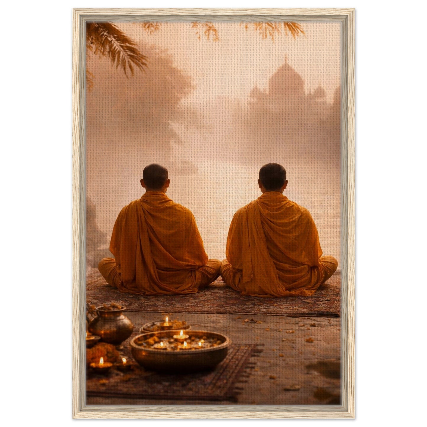 Zen monks wall art with natural wood frame