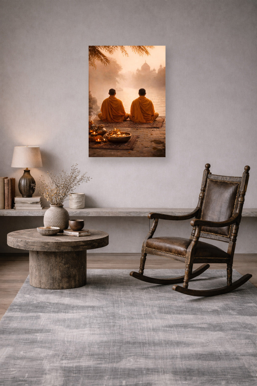 Peaceful meditation corner with rocking chair, stone table and monk poster wall art in minimalist neutral space.