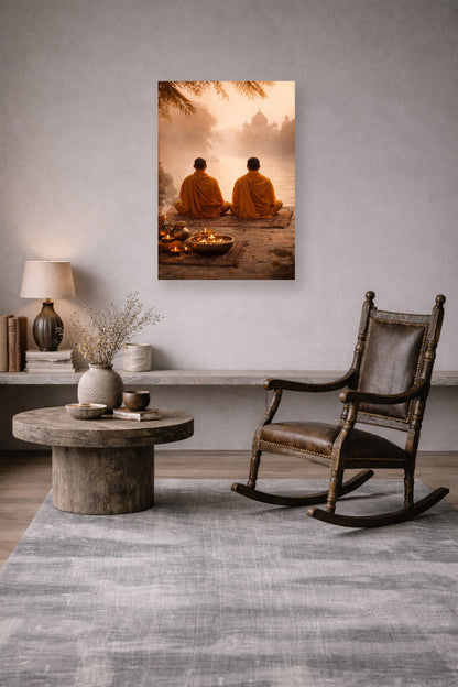 Peaceful meditation corner with rocking chair, stone table and monk poster wall art in minimalist neutral space.