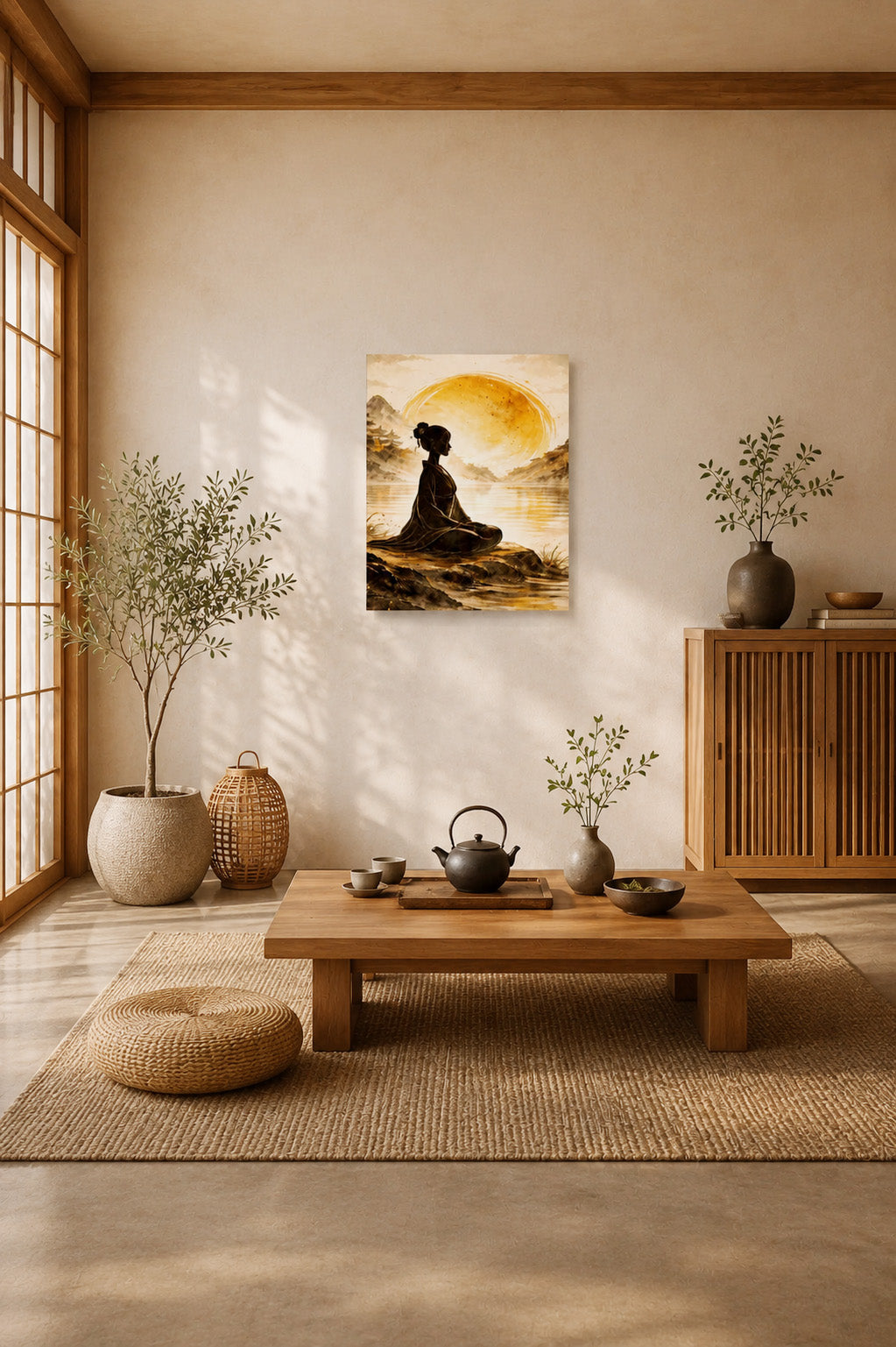 Meditation wall art canvas in a Japanese tea room inspired interior with floor cushions, natural wood and calming neutral tones.