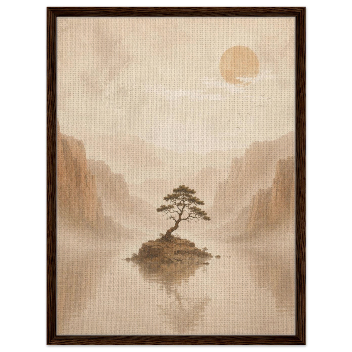 Serene lone tree landscape with misty mountains and soft sun in dark wood frame