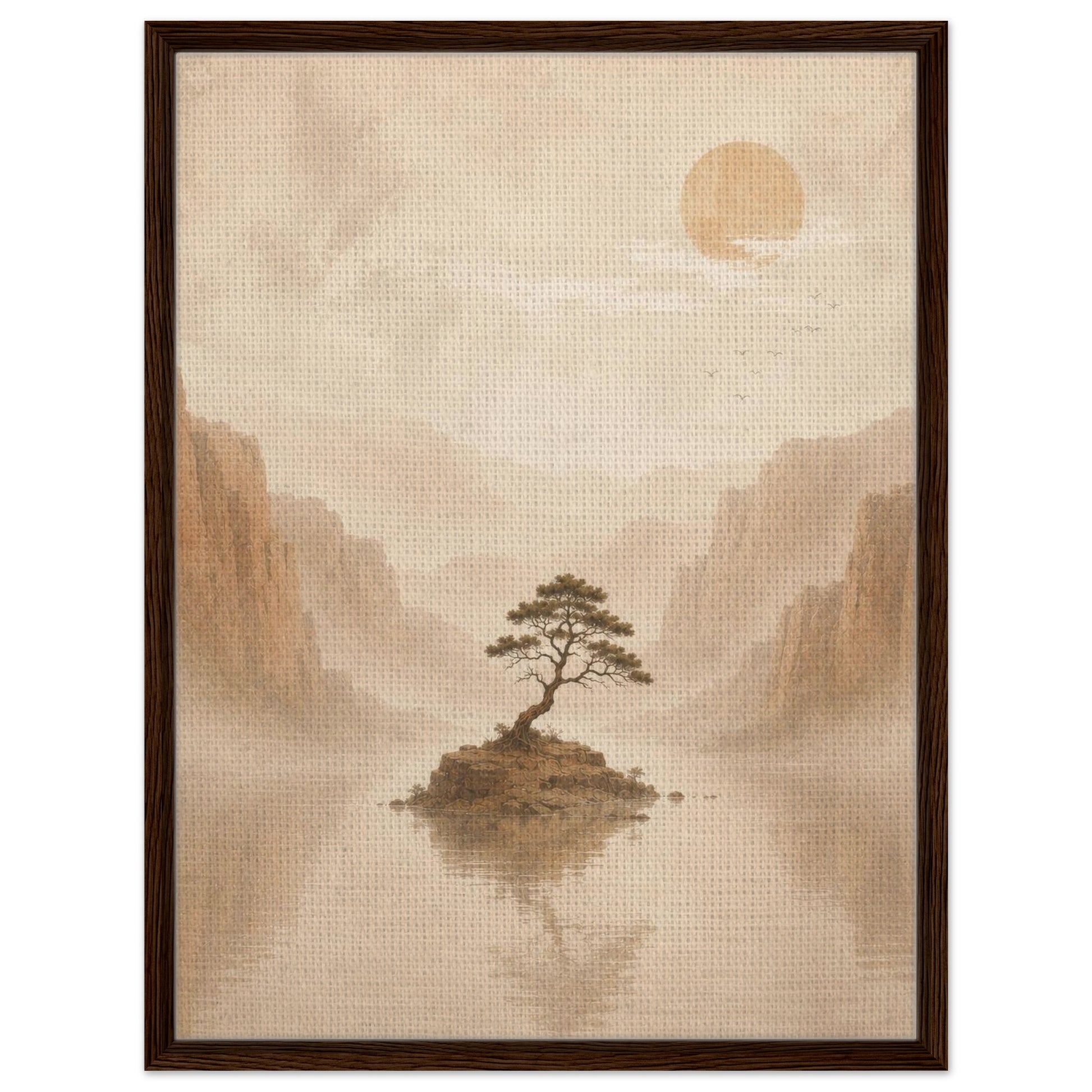 Serene lone tree landscape with misty mountains and soft sun in dark wood frame