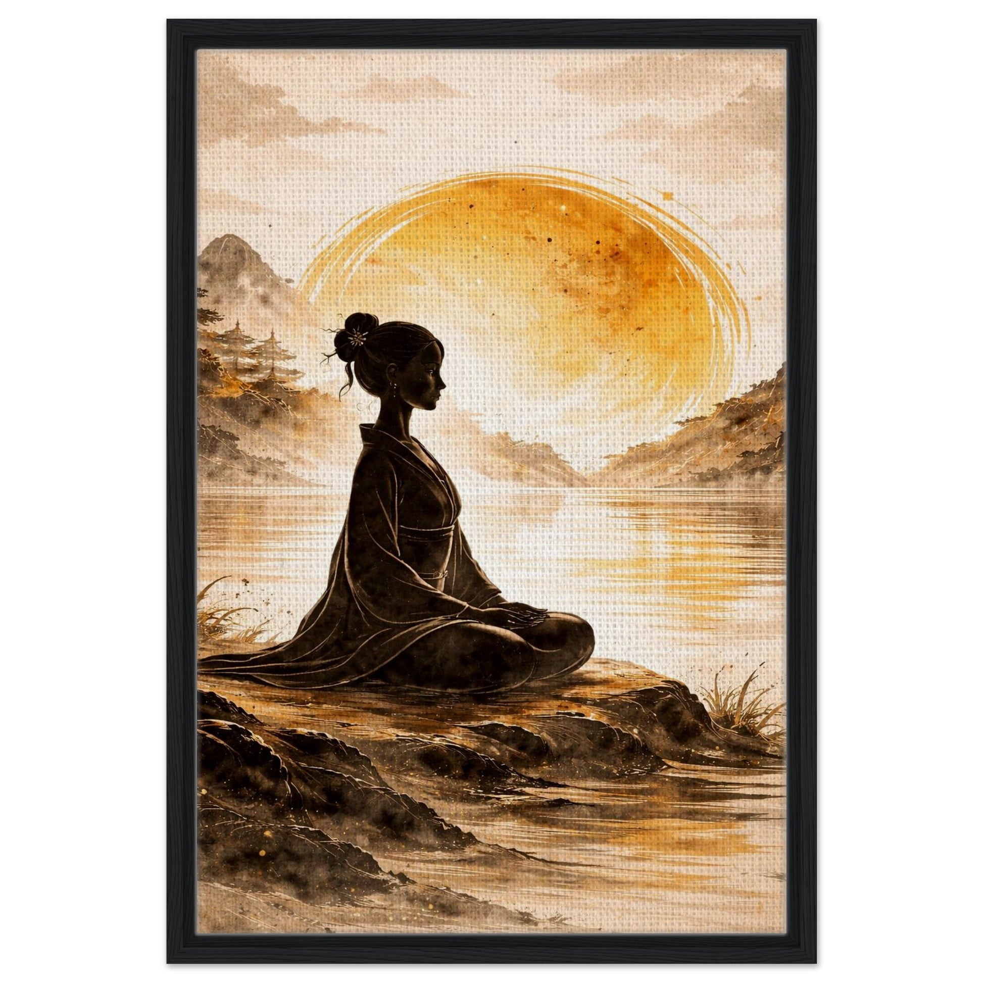 Zen meditation wall art in a modern black floating canvas frame