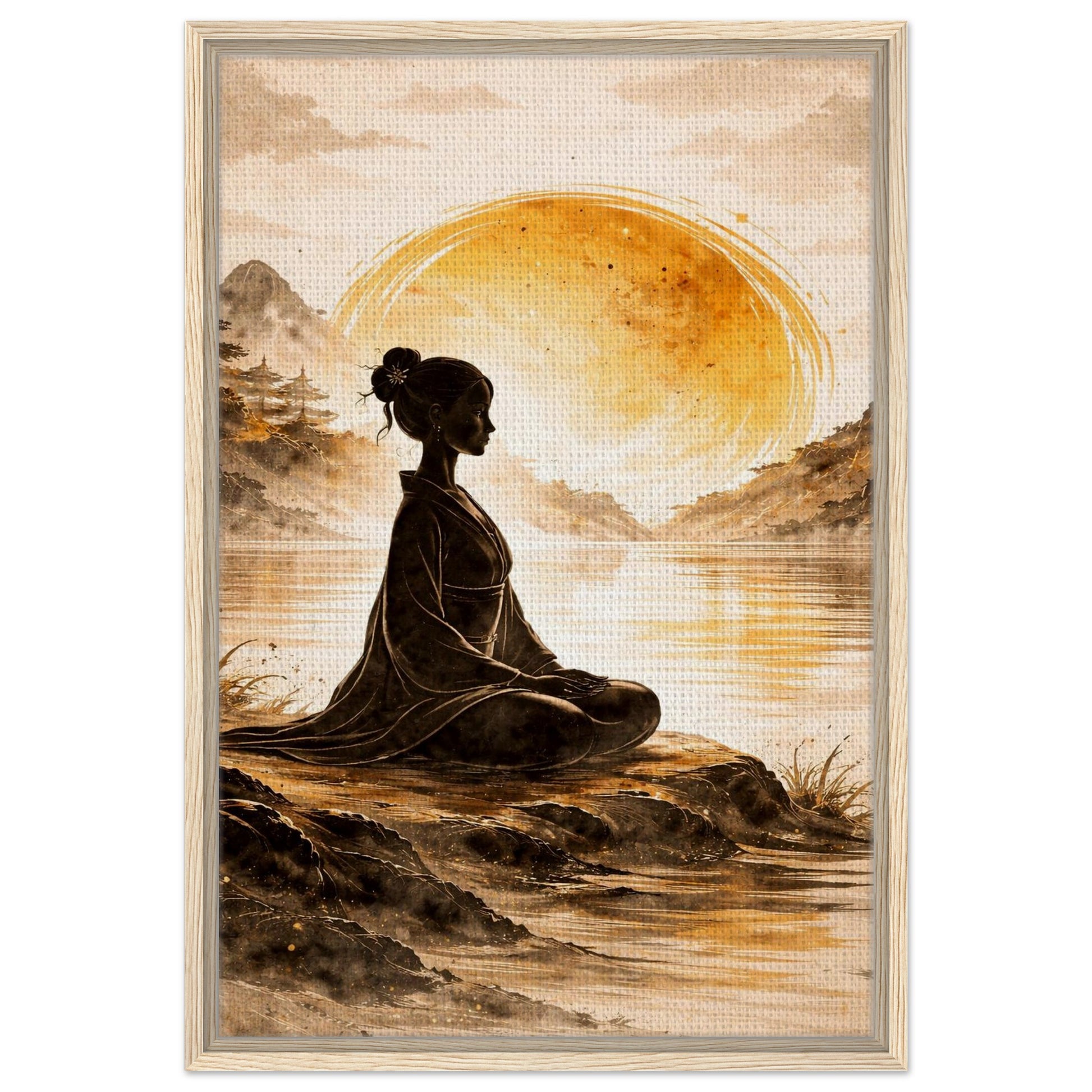 Golden sun and meditating woman canvas art in a blonde wood frame