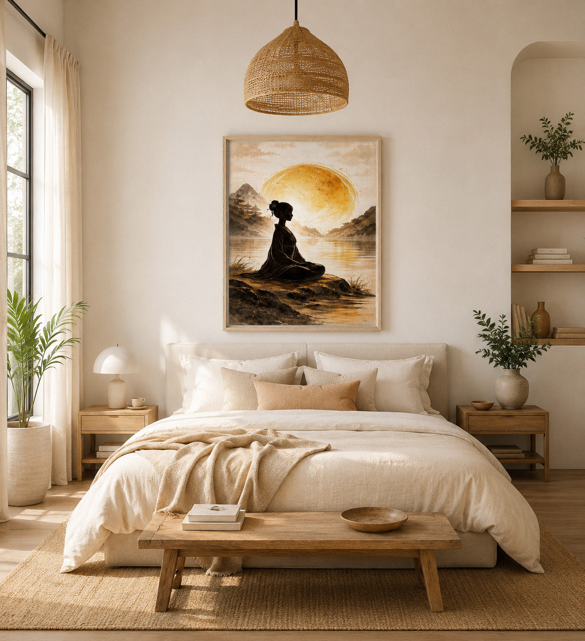 Zen woman meditation canvas displayed above a bed in a serene modern bedroom