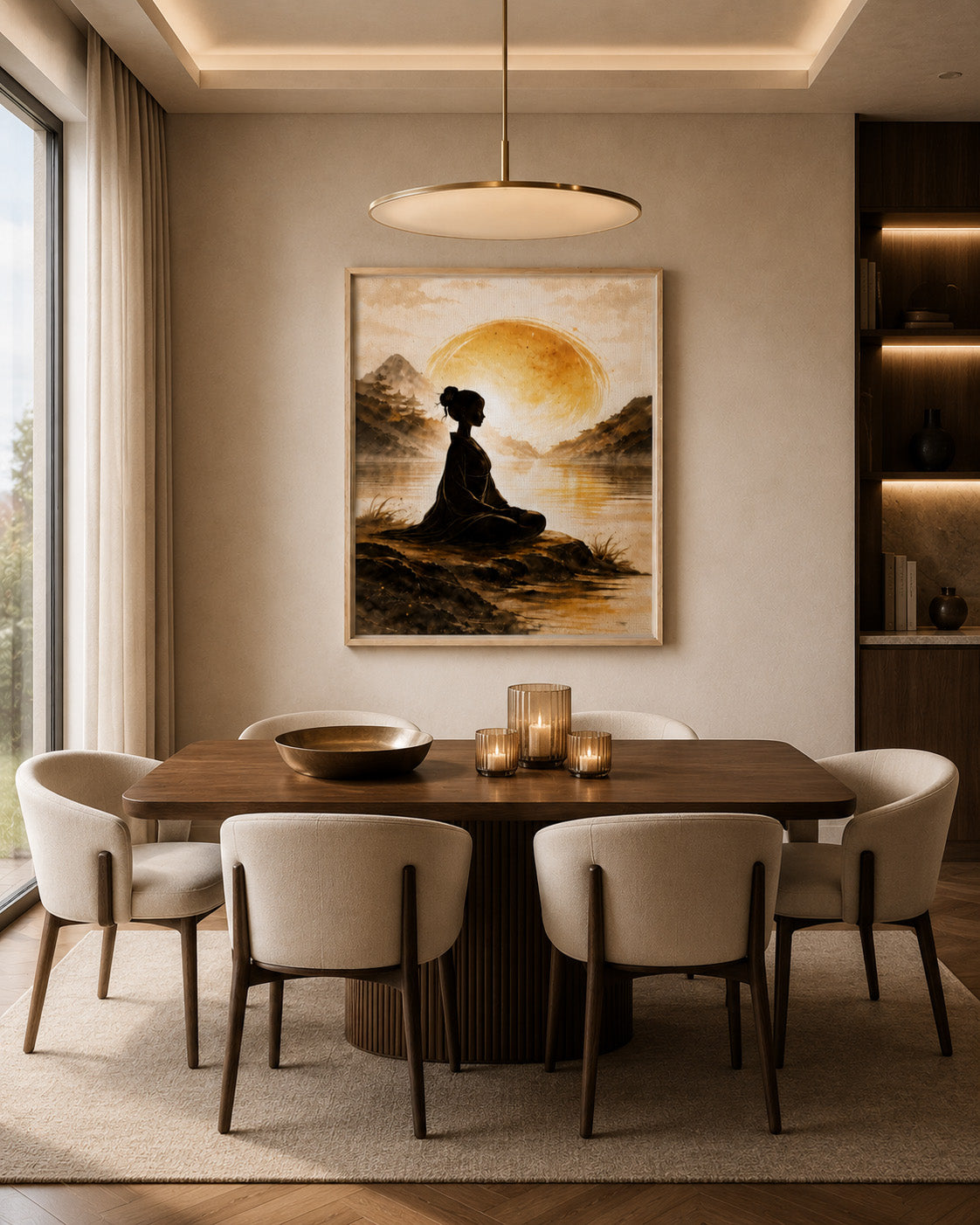 Golden sun meditation framed canvas displayed in a contemporary dining room