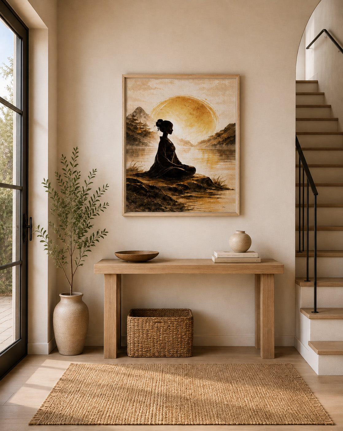 Zen woman framed canvas displayed in a warm minimalist entryway