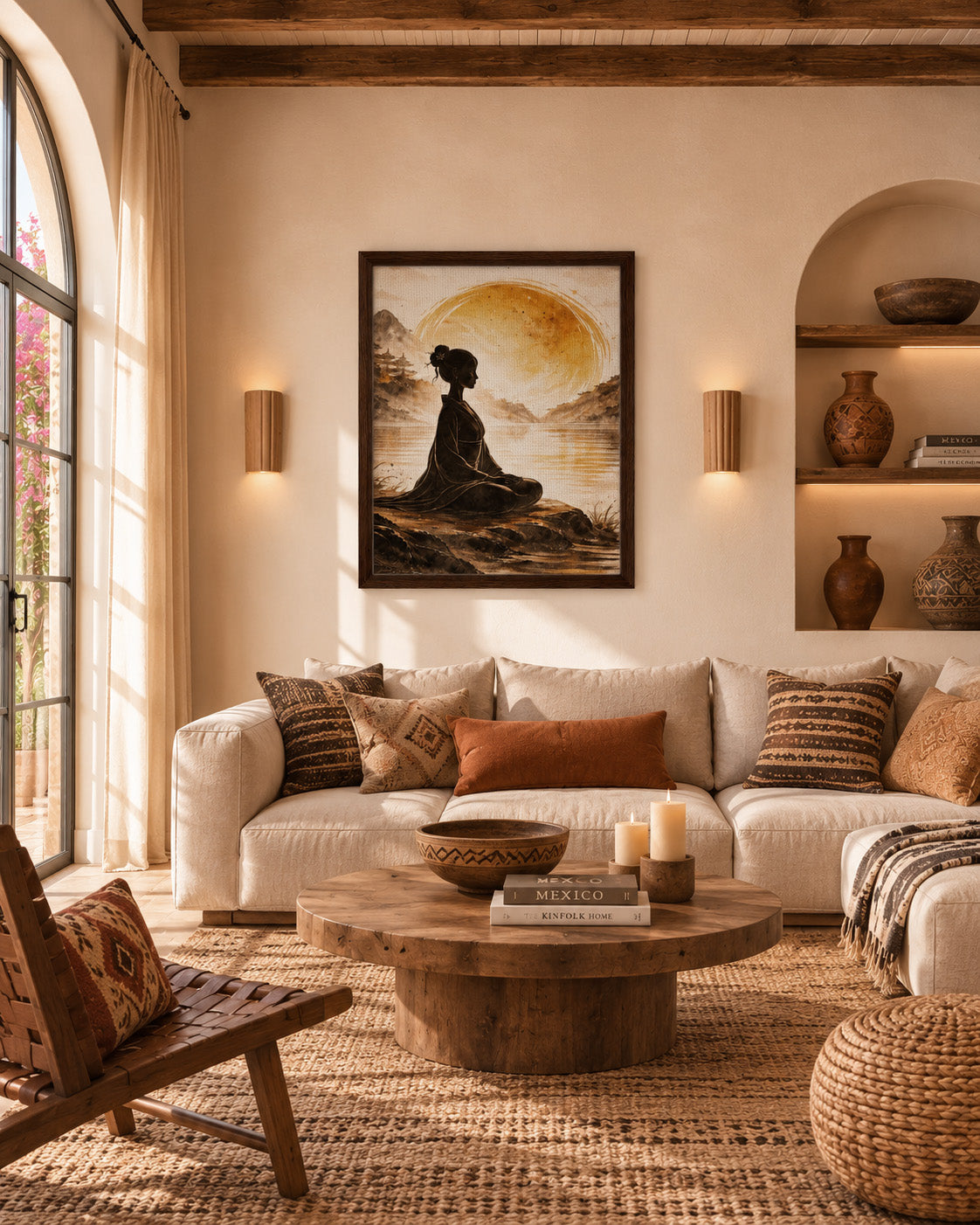 Zen meditation framed canvas displayed in a warm modern living room