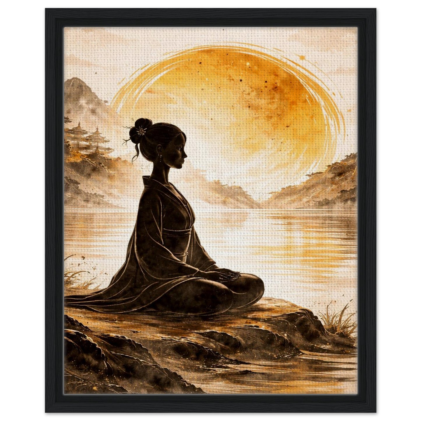 Meditation landscape canvas artwork finished with a charcoal black frame