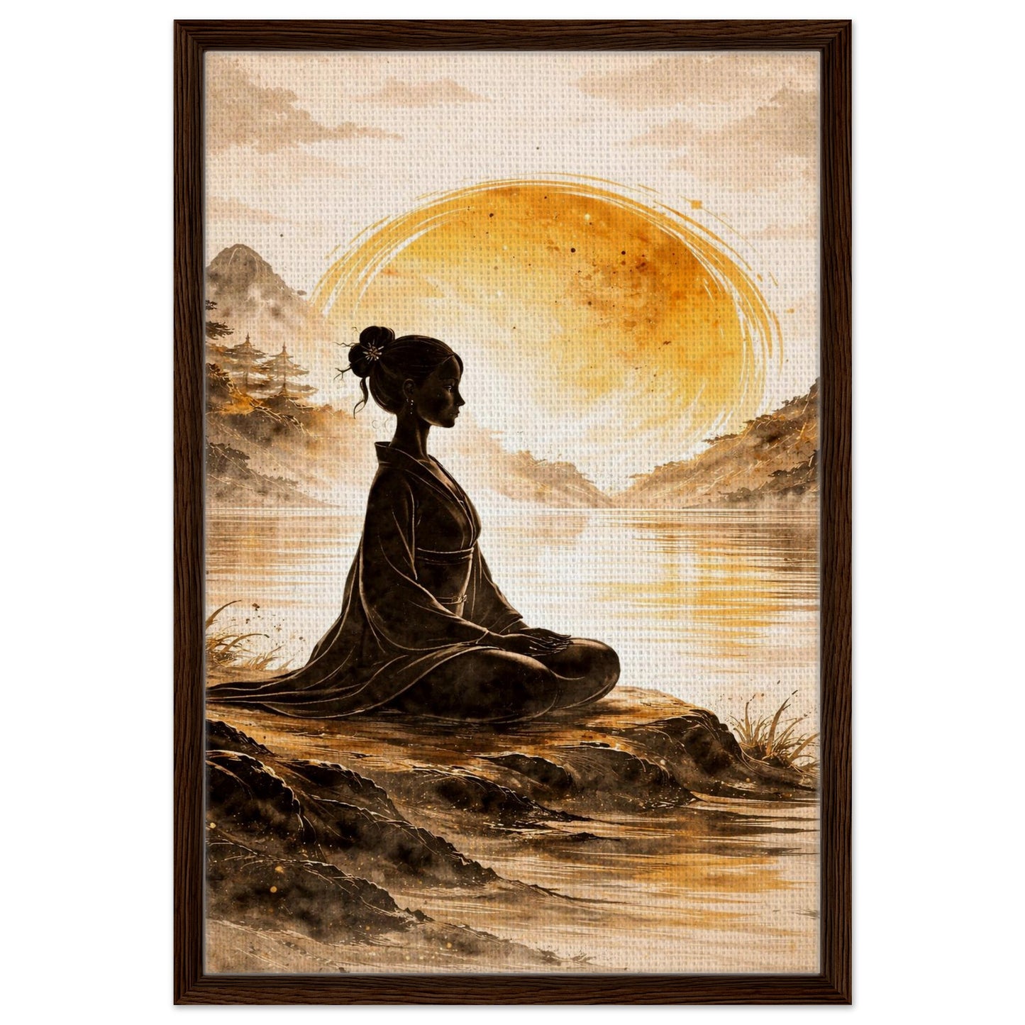 Peaceful meditation canvas artwork surrounded by a deep walnut frame