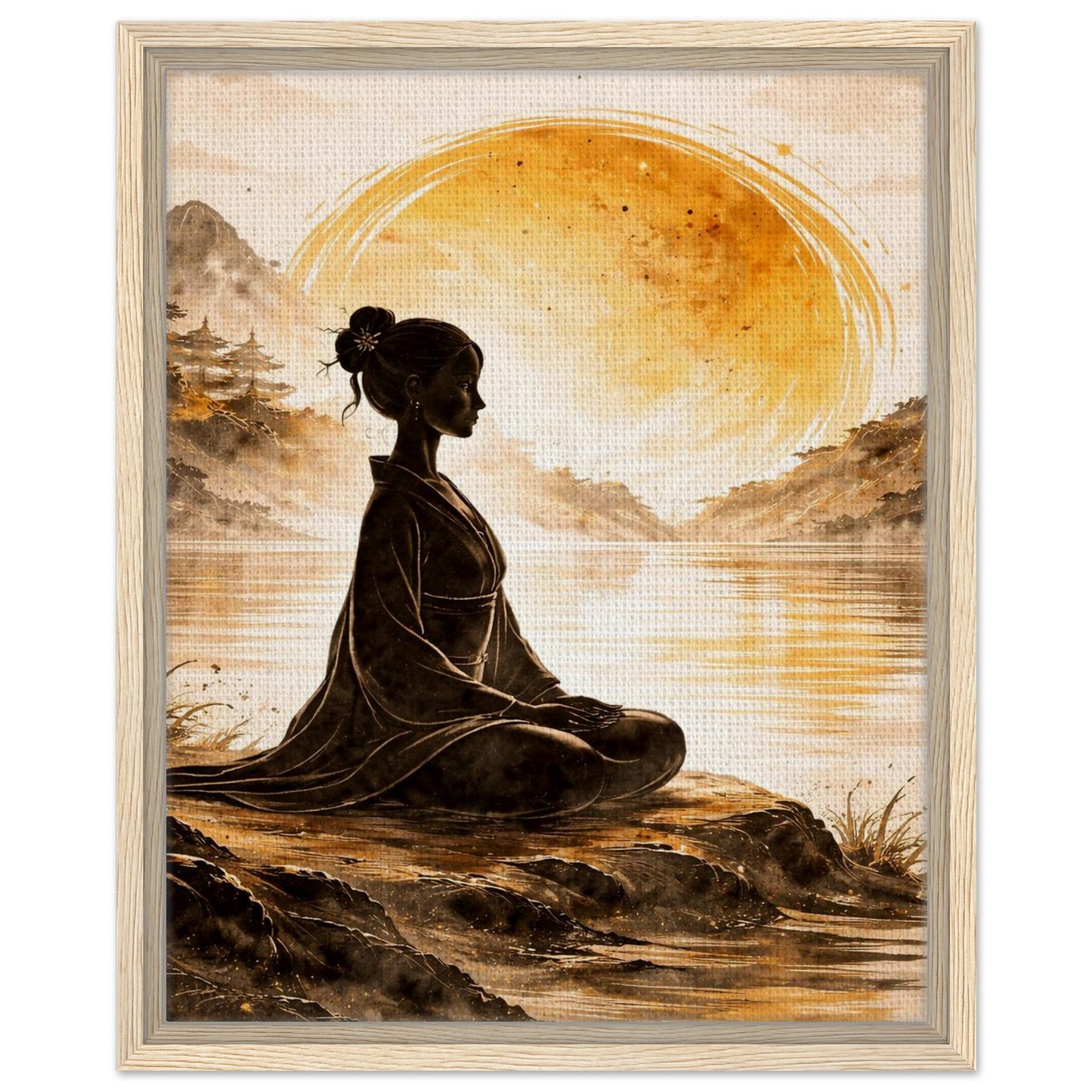 Zen woman and golden sun canvas wall art with a light wood frame