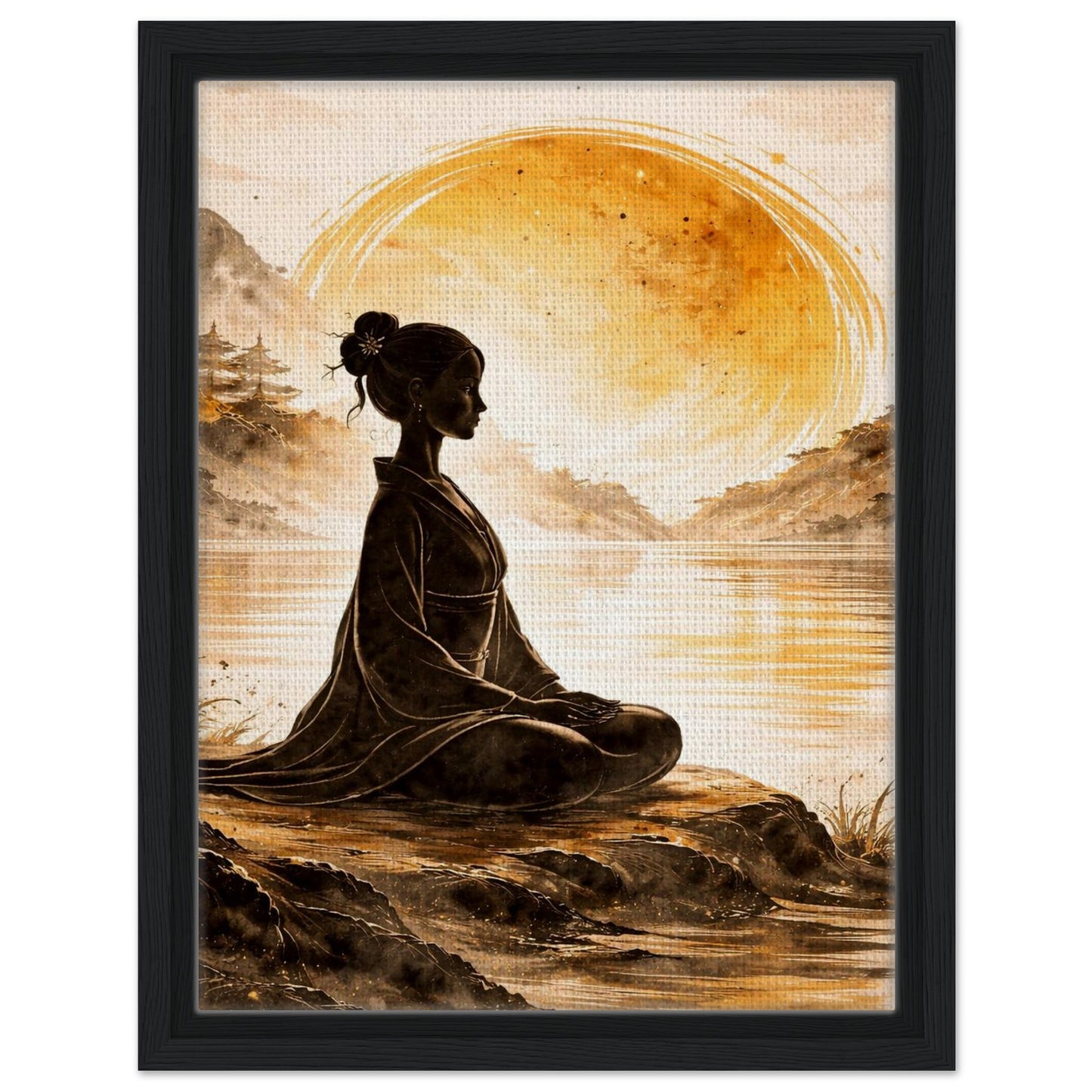 Golden meditation scene canvas wall decor in a matte black frame