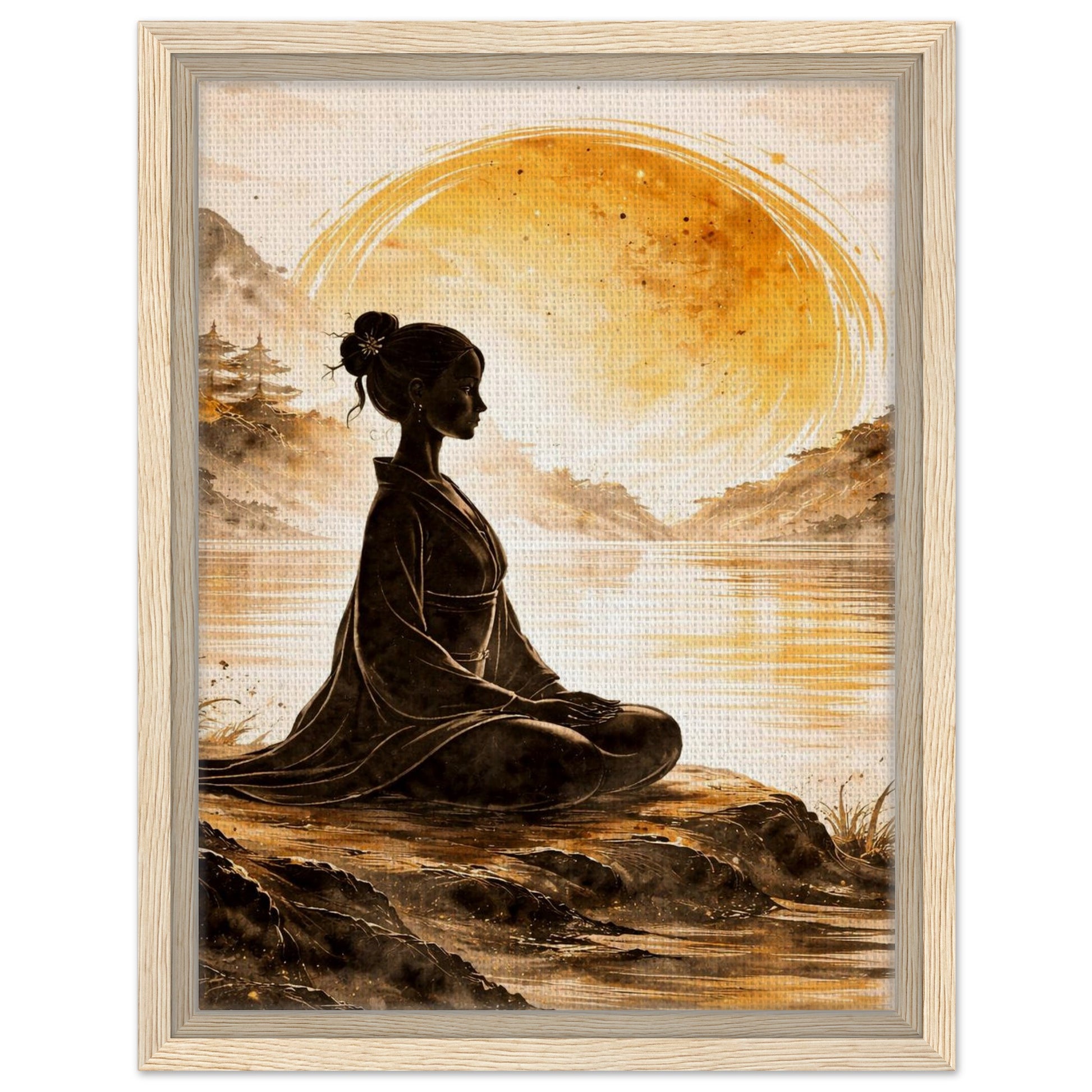 Serene woman meditation canvas print presented in a natural oak frame
