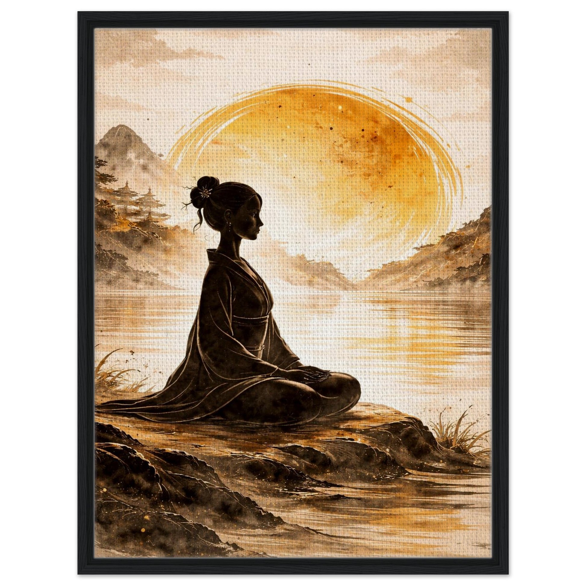 Asian inspired meditation canvas print with a slim black floating frame