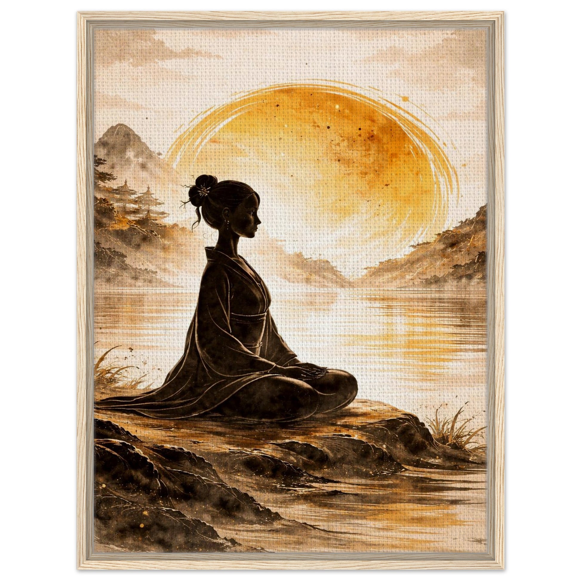 Zen woman meditation framed canvas wall art with golden sun and mountain landscape