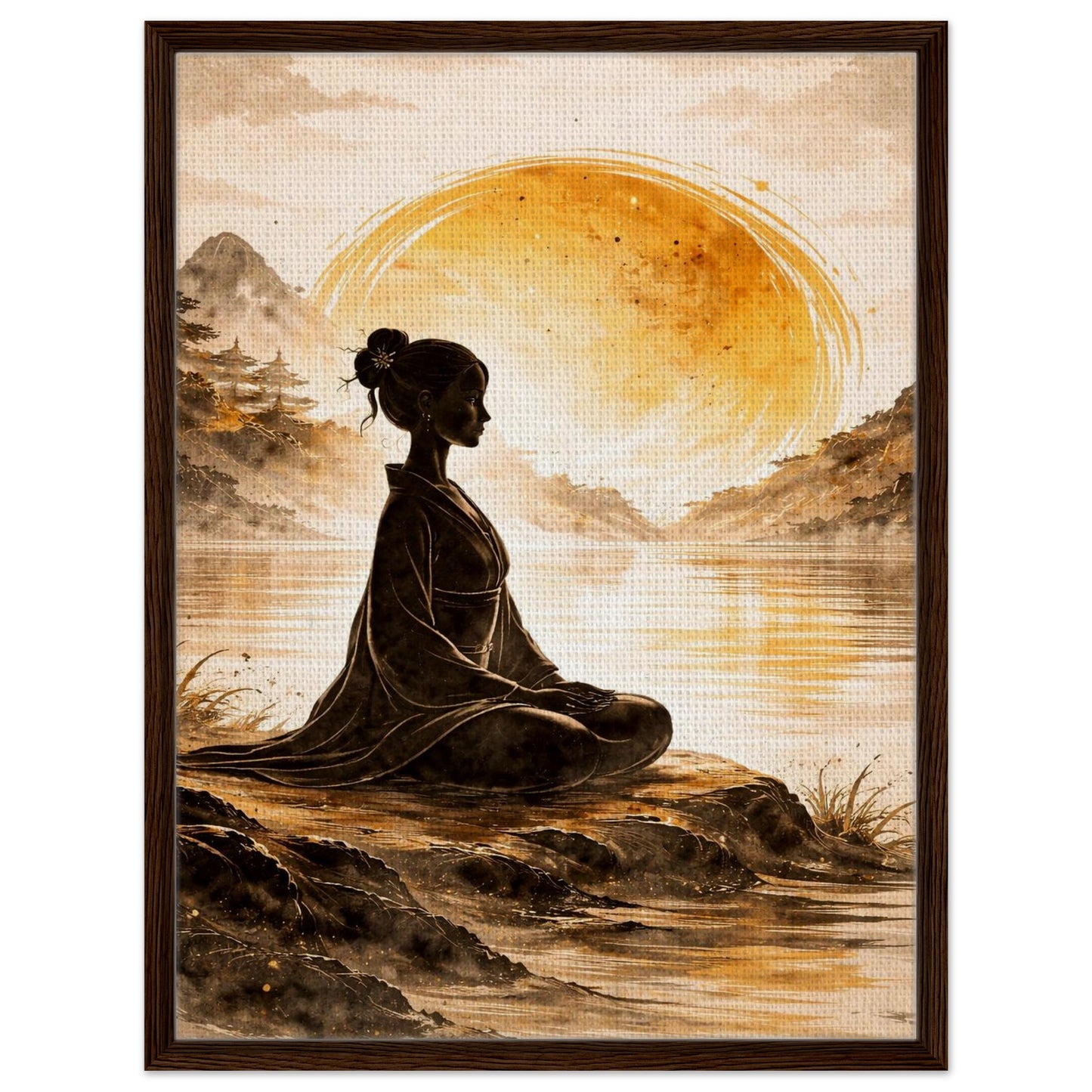 Golden sun meditation canvas print with a walnut wood floating frame